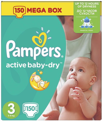 pampers active baby 150 nappies size 3 mega pack