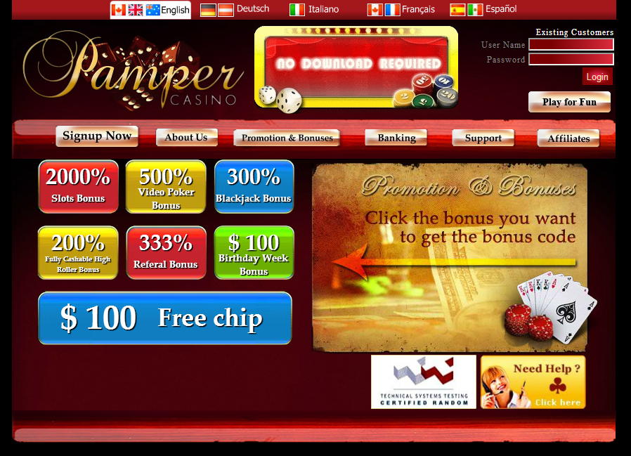 pamper casino no deposit bonus codes