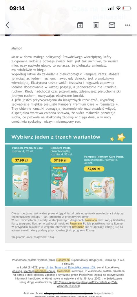 promocja na maila pieluchomajtki pampers w rossmanie